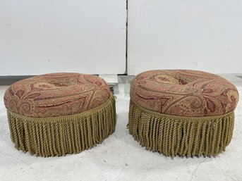 A Set Of (2) Round Foot Stools With Fringe (One Has Wheels & One Is Without Wheels)