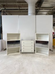 Mid-Century White Furniture Set With Chrome Knobs & Mirrored Sliding Cabinet Doors (3 Piece Set)