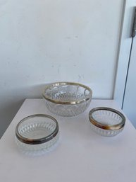 Vintage Mid-Century Cut Glass Bowls With Silver Plate Rim (3-piece Set)