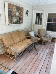Vintage Set Of Twig Frame Furniture (Sofa & 2 Arm Chairs) With Brass Tray Top Table