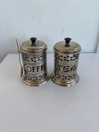 Vintage English Silver Plated Coffee & Tea Canisters With Spoon (set Of 2)