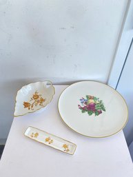 Vintage Embassy USA Fruit Plate, Limoges Gold Floral Leaf Dish, & Pin Tray With Gold Florals (3 Piece Set)