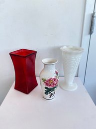 Vintage Floral Vase, Red Square Curved Vase, & Scalloped Hobnail Milk Glass Vase (3-piece Set)