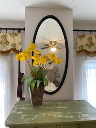 Antique Oval Frame With A Vase Of Faux Yellow Tulips
