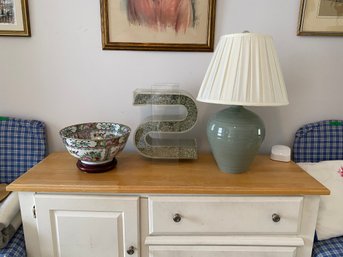 A Grouping Of Simon Pearce Belmont Table Lamp, Asian Bowl With Wood Base, Deminted U.S. Currency