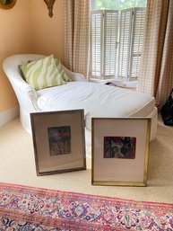 A Chaise With 2 Framed Abstract Mixed Media Paintings
