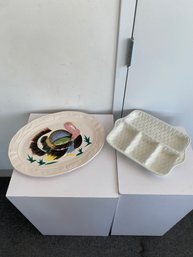 Vintage Hand Painted Turkey Platter & Cream Ceramic Basket Weave Tray