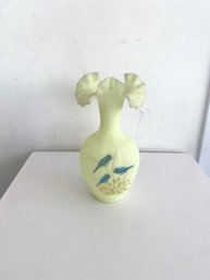 Vintage Fenton Custard Glass Vase With Hand Painted Blue Bird Motif (signed Gloria Finn)