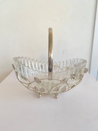 Vintage MCM Silver Plated Leaf Bread Basket With Sawtooth Glass Insert