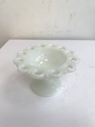 Vintage Milk Glass Pedestal Compote Dish With Lace Edge