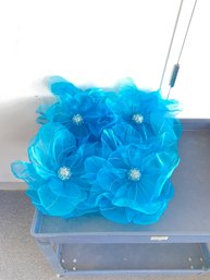 Set Of (4) Blue Organza Flowers With Silver Center & Faux Crystal Accents. #2