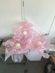 Trio Of Pink Organza Flowers With White Centers & Faux Pearl Accents #6