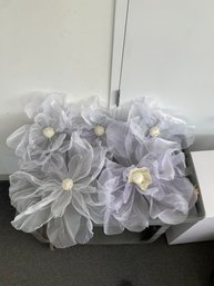 Set Of 6 White Organza Flowers With White Center & Faux Pearl Accents #9