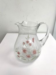 Vintage Glass Pitcher With Pink Floral And Butterfly Motif
