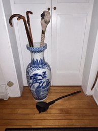 Tall Asian Vase With (4)Walking Sticks & Metal Ladle