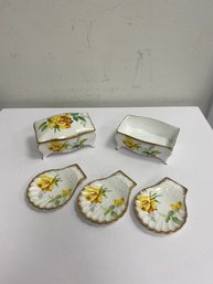 Vintage Royal Stafford Yellow Rose Trinket Boxes & Shell Dishes (5-piece Set)