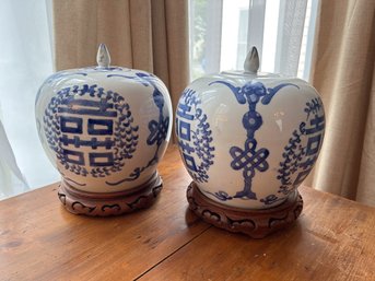 Pair Of Blue & White Double Happiness Alter Jars With Wooden Bases