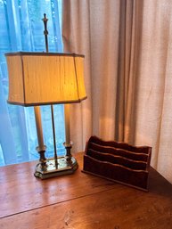 A Brass Bouillotte Lamp And A Burled Wood Desk Top Letter Holder