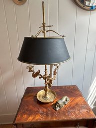 Vintage 3 Arm Bouillotte Lamp With Adjustable Black Tole Metal Shade & Vintage Brass Lion