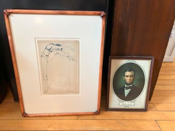 Ink Drawing Of Dancer In Vintage Frame & Framed Portrait Of Abraham Lincoln