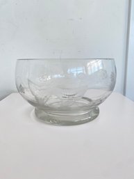 Vintage Glass Pedestal Bowl With Forsted Etched Floral Motifs