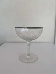 Vintage MCM Etched Coupe Glass With Silver Rim