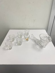 Vintage Footed Cut Glass Cornucopia, 5 Etched Cordial Glasses, & Golden Wheat Motif Shot Glass (7-piece Set)