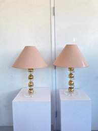 Vintage MCM Stacked Acrylic & Gold Orb Table Lamps With Peach Shades (set Of 2)