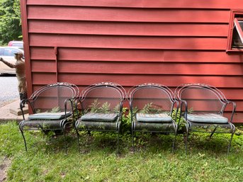 Set Of 4 Vintage Russell Woodard Wrought Iron Barrel Dining Arm Chair W/Floral Detail