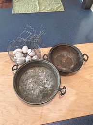 Grouping Of (2) Vintage Pots & 1 Wire Chicken Basket And 7 Faux Eggs