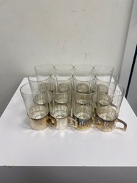 Vintage MCM Monogrammed Drink Glasses With Cast Brass Holders (set Of 12)