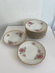 Vintage Rose Plates With Ornate Gold Trim (set Of 12)