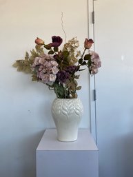 Mid-Century White Ceramic Vase With Embossed Floral Design & Artificial Flowers