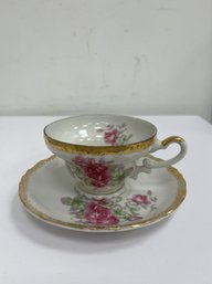 Vintage Rose Teacups And Saucers With Ornate Gold Trim (set Of 12)