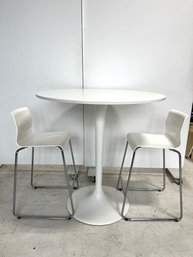 Round Pedestal Tulip Dining Table & Pair Of White Bar Stools (3-piece Set)