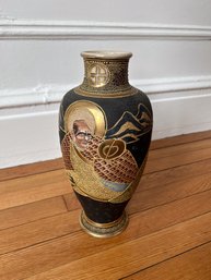 Vintage Meiji Period Hand Painted Japanese Satsuma Moriage Vase With Warriors (13'H) Gold Leaf Raised Design