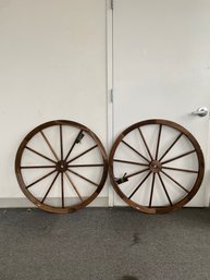 A Pair Of Large Display Wagon Wheels-Wood Stained