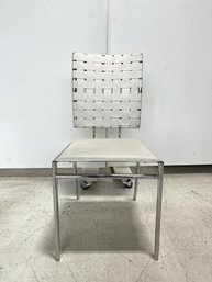 White Woven Dining Chair With Chrome Accents