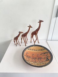 A Trio Of 3 Wooden Giraffes & Soap Stone Giraffe Bowl