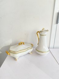 A Vintage Limoges Vegetable Dish With Cover & A Vintage Limoges Ewer Pitcher- Old Abby Pattern