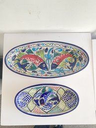 A Set Of Two Hand Painted Bowls With Glazed Finish-Beautiful Fish Motif