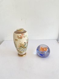 A Beautiful Asian Vase With Cranes And Gold Accents Paired With An Art Glass Paper Weight