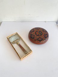 Beautiful Asian Magnifying Glass And Round Asian Lacquered Box,