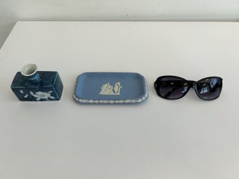 A Grouping Of Wedgwood Jasperware Catchall, Blue Asian Bud Vase, And Vintage Foster Grant Sunglassed