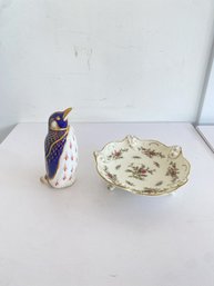 Vintage Royal Crown Derby Penguin Figurine & Vintage Rosenthal Moosrose 2984 Vanity Dish