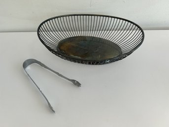 Vintage Silver Plated Bread Basket With Tongs