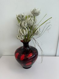 Vintage Red & Black Czechoslovakian Art Glass Vase With Faux Flowers