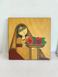Beautiful Portrait Of Young Woman On Wood Block (signed)