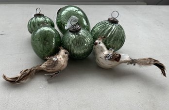 Vintage Assorted Green Crackle Glass Ornaments & Pair Of Clip-on Bird Ornaments (7-piece Set)