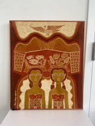 Vintage Framed Indonesian Batik Fabric Of Two Village Woman-Signed Wahyu Mahyar . Yogya .77 .